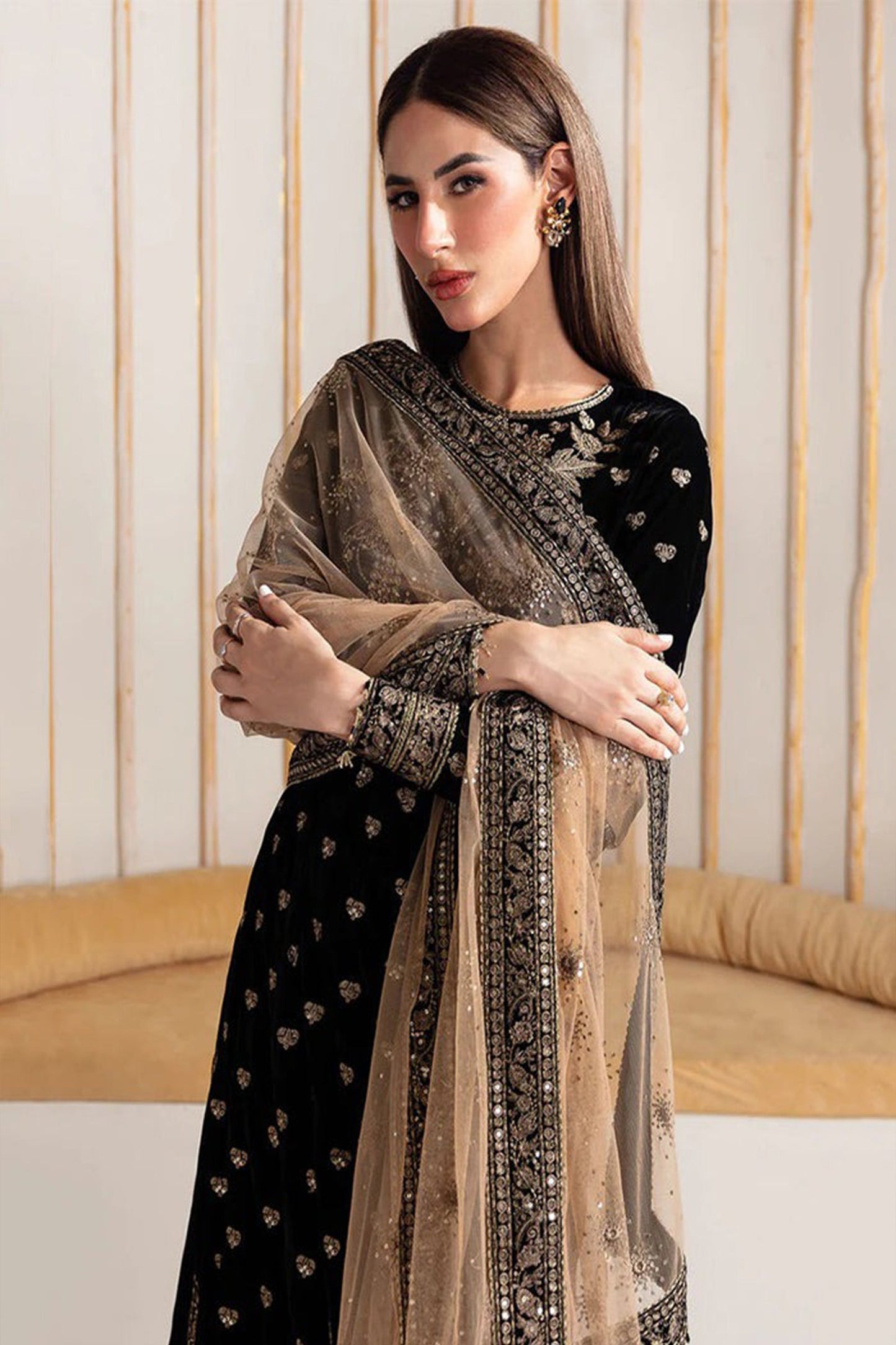 HL1114-Velvet Winter Embroidered 3 Piece Dress With Organza embroidered Dopata