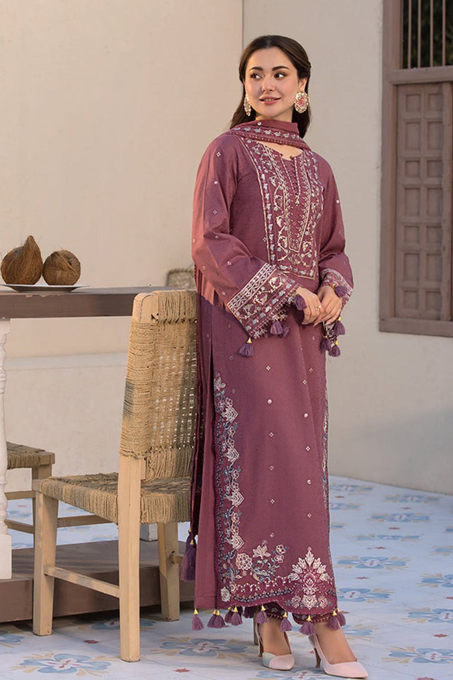 HL1125-3PC DHANAK EMBROIDERED SHIRT WITH DHANAK EMBROIDERED SHAWL