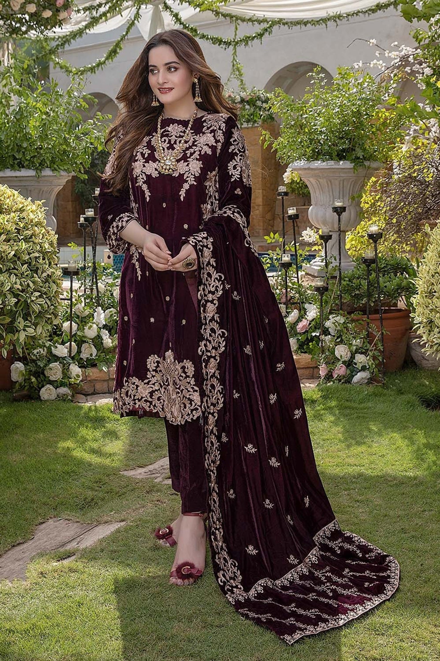 HL401-WINTER Embroidered Velvet Three piece With Velvet Shawl Winter Collection