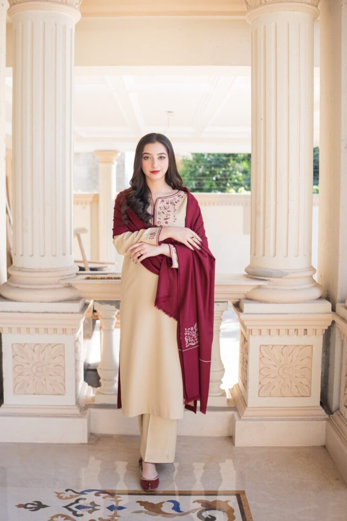 HL614-Winter 3PC Dhanak suit with Embroidered Shawll