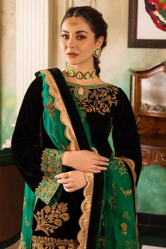HL551 Velvet Winter Embroidered 3 Piece Dress With Organza embroidered Dopata