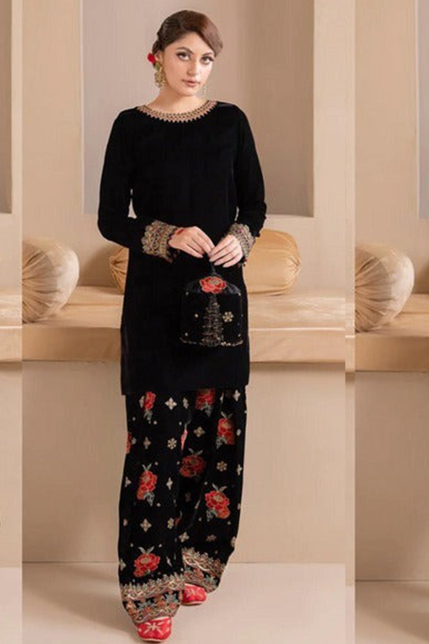 HL577 Embroidered Winter Velvet Dress With Organza embroidered Dupatta