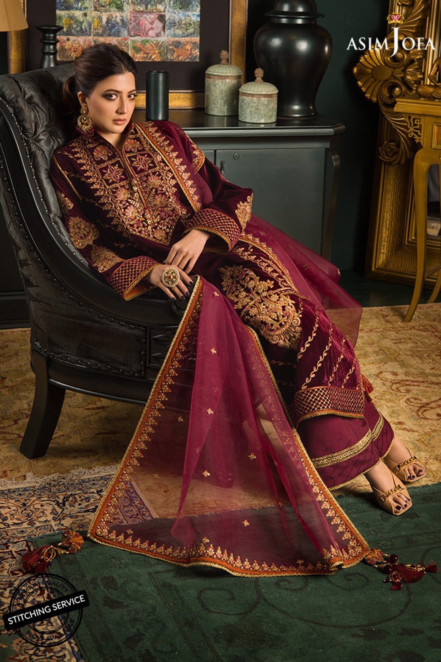HL1113-Winter Embroidered Velvet Dress With Organza embroidered Dupatta