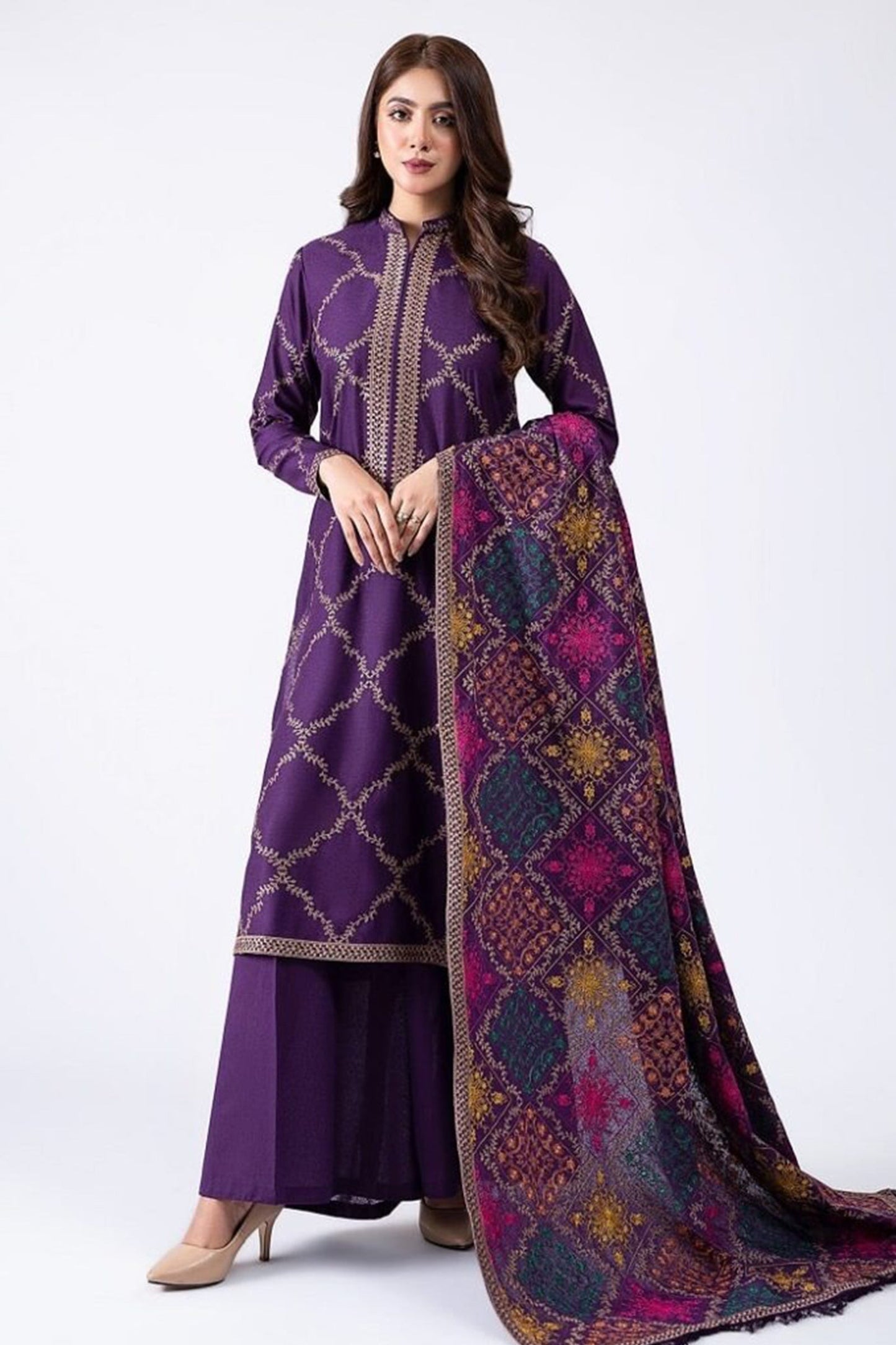 HL603-Winter 3-Pc Embroidered Dhanak Suit with Heavy Embroidered Dhanak Shawll