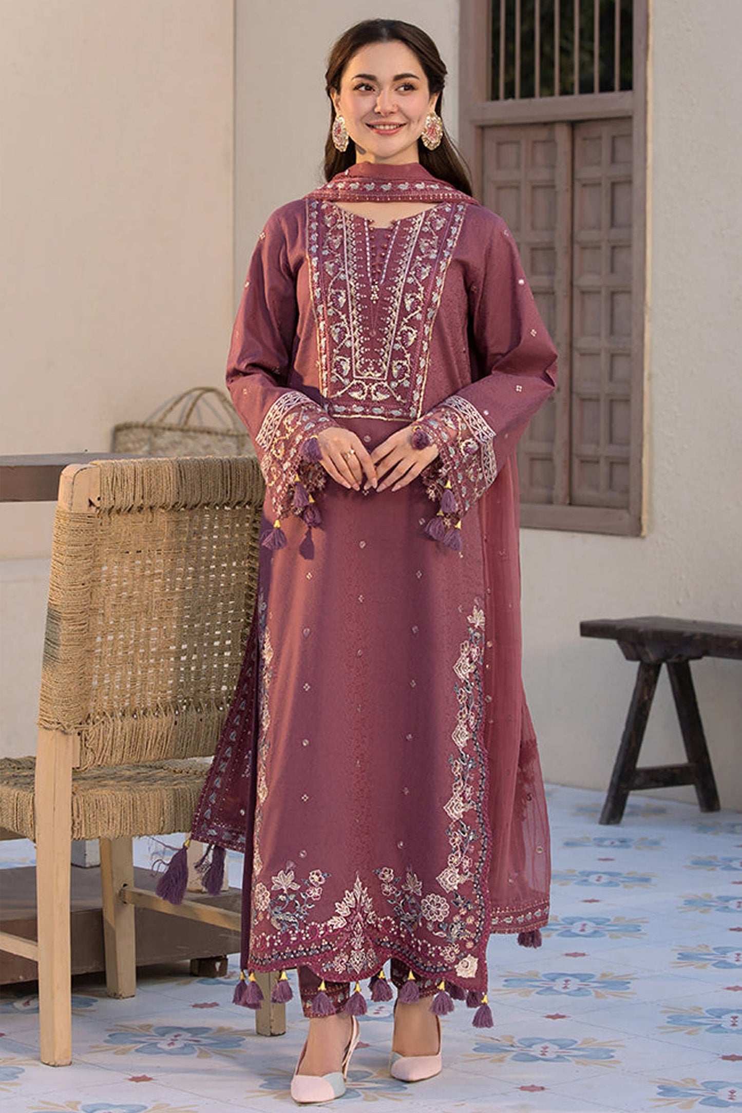 HL1125-3PC DHANAK EMBROIDERED SHIRT WITH DHANAK EMBROIDERED SHAWL