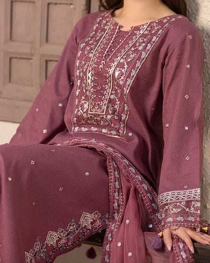 HL1125-3PC DHANAK EMBROIDERED SHIRT WITH DHANAK EMBROIDERED SHAWL