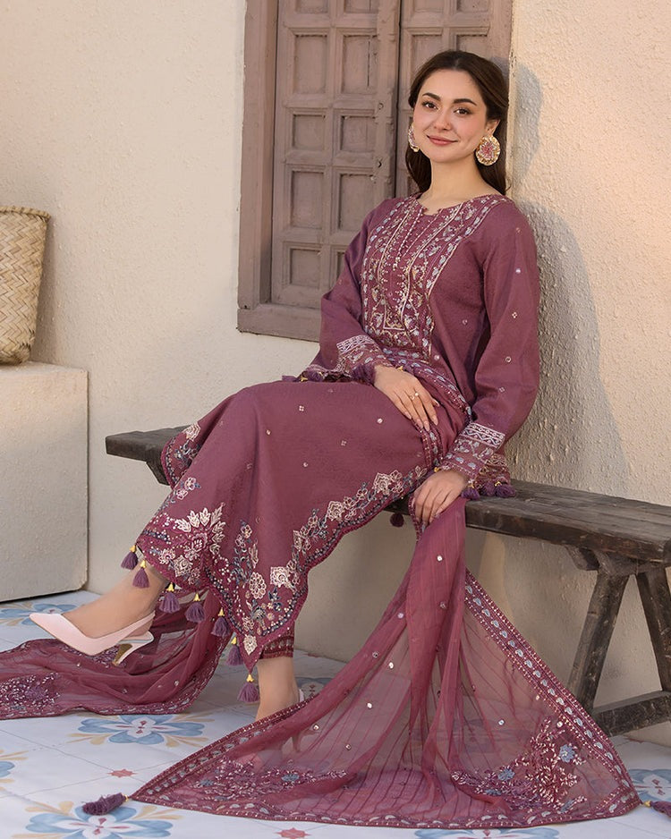HL1125-3PC DHANAK EMBROIDERED SHIRT WITH DHANAK EMBROIDERED SHAWL