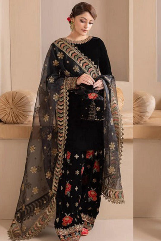 HL577 Embroidered Winter Velvet Dress With Organza embroidered Dupatta
