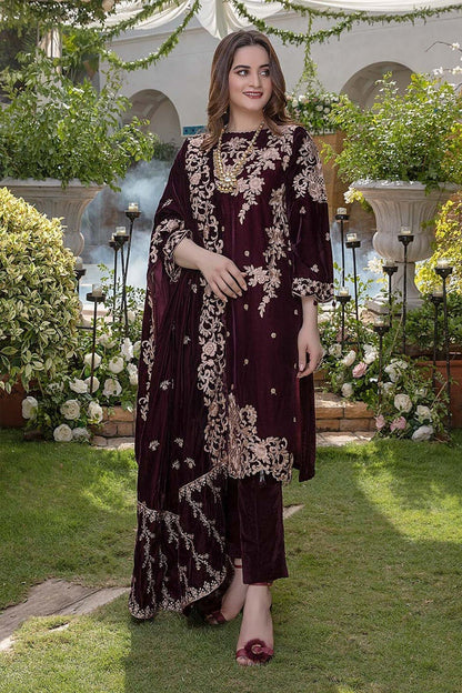 HL401-WINTER Embroidered Velvet Three piece With Velvet Shawl Winter Collection