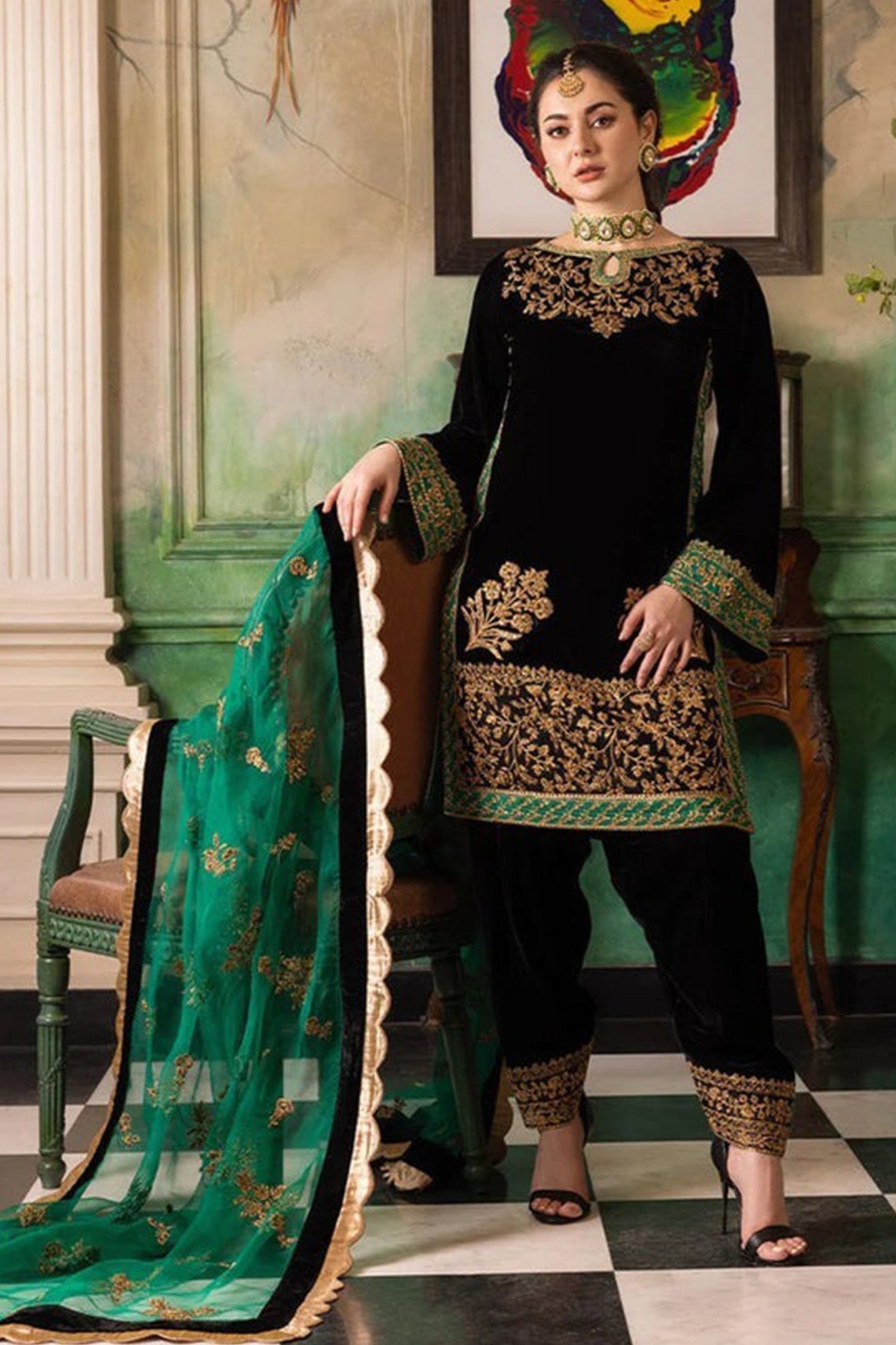 HL551-Velvet Winter Embroidered 3 Piece Dress With Organza embroidered Dupatta