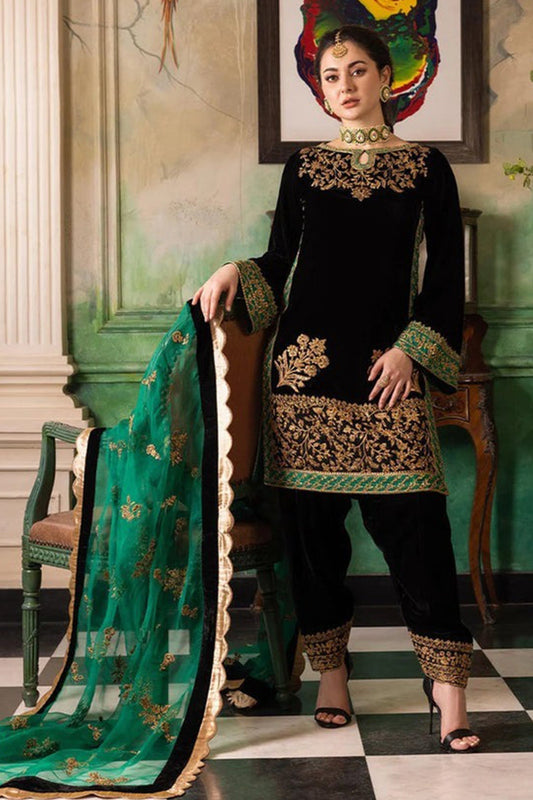 HL551-Velvet Winter Embroidered 3 Piece Dress With Organza embroidered Dupatta