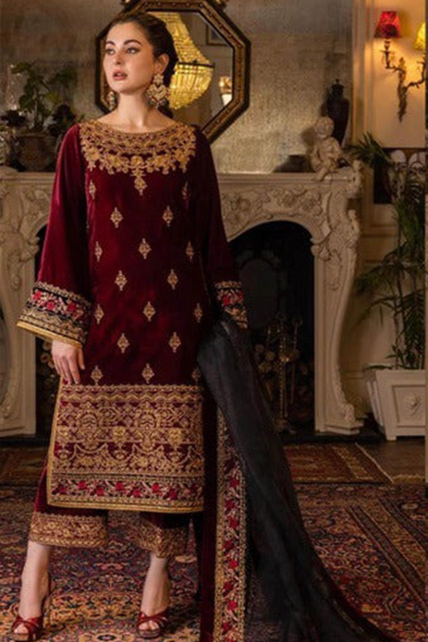 HL556-Velvet Winter Embroidered 3 Piece Dress With Organza Embroidered Dupatta