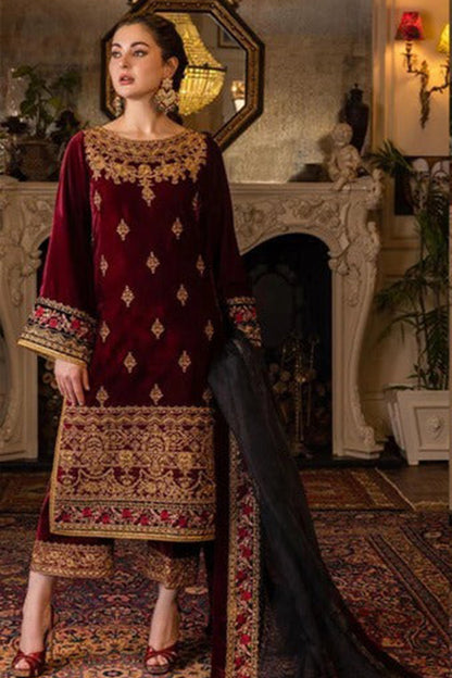 HL556-Velvet Winter Embroidered 3 Piece Dress With Organza Embroidered Dupatta