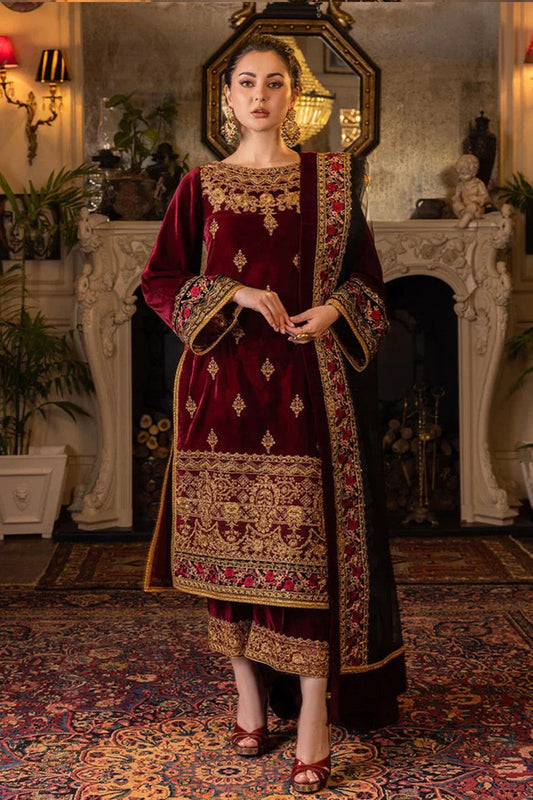 HL556-Velvet Winter Embroidered 3 Piece Dress With Organza Embroidered Dupatta