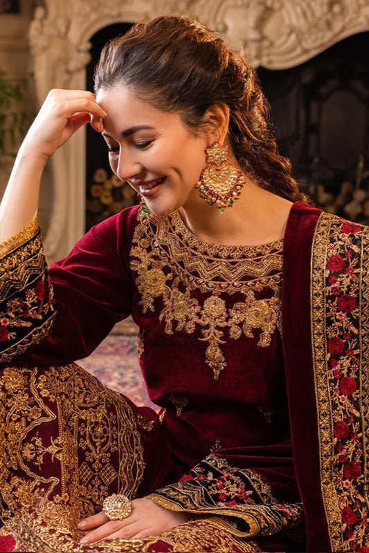 HL556 Velvet Winter Embroidered 3 Piece Dress With Organza embroidered Dopata