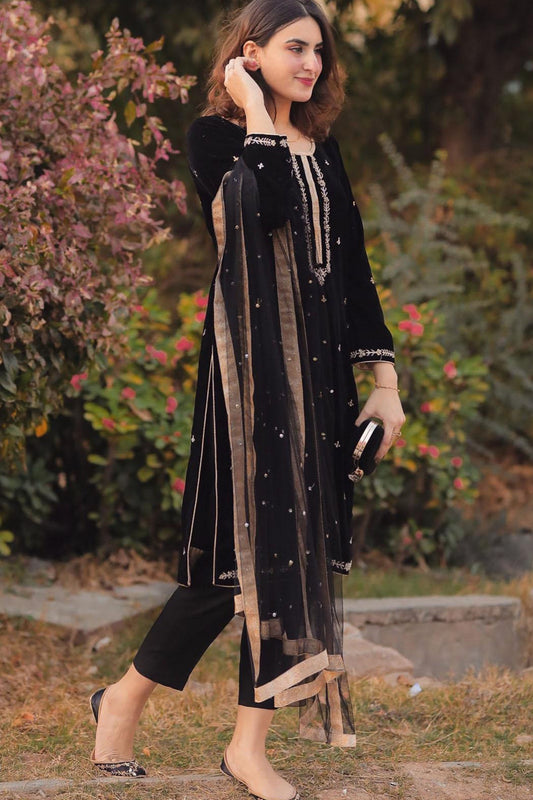 HL409-WINTER Velvet Embroidered Dress With Organza embroidered Dopata