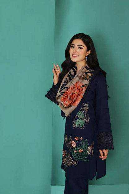 HL585-Winter Nishat Blue Linen Embroidered three piece With Printed Wool Shawll