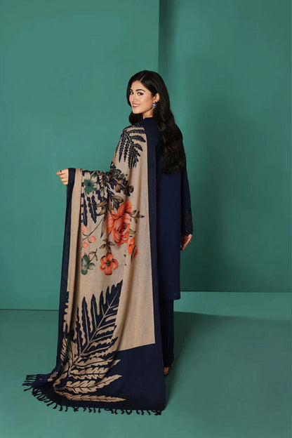 HL585-Winter Nishat Blue Linen Embroidered three piece With Printed Wool Shawll