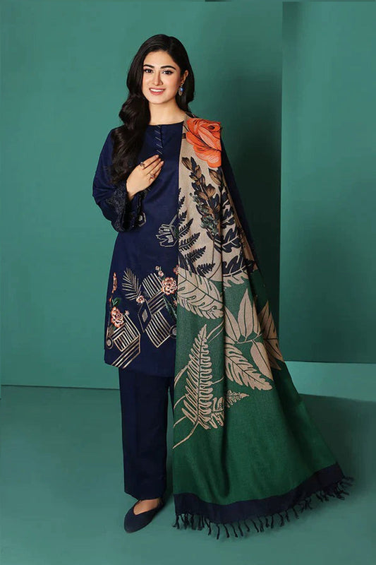 HL585-Winter Nishat Blue Linen Embroidered three piece With Printed Wool Shawll