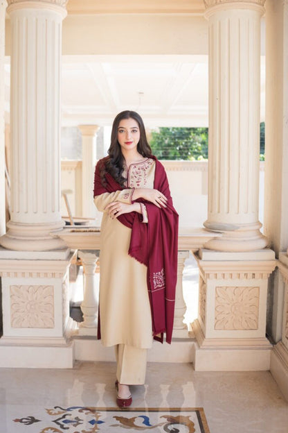 HL614-Winter 3PC Dhanak suit with Embroidered Shawll