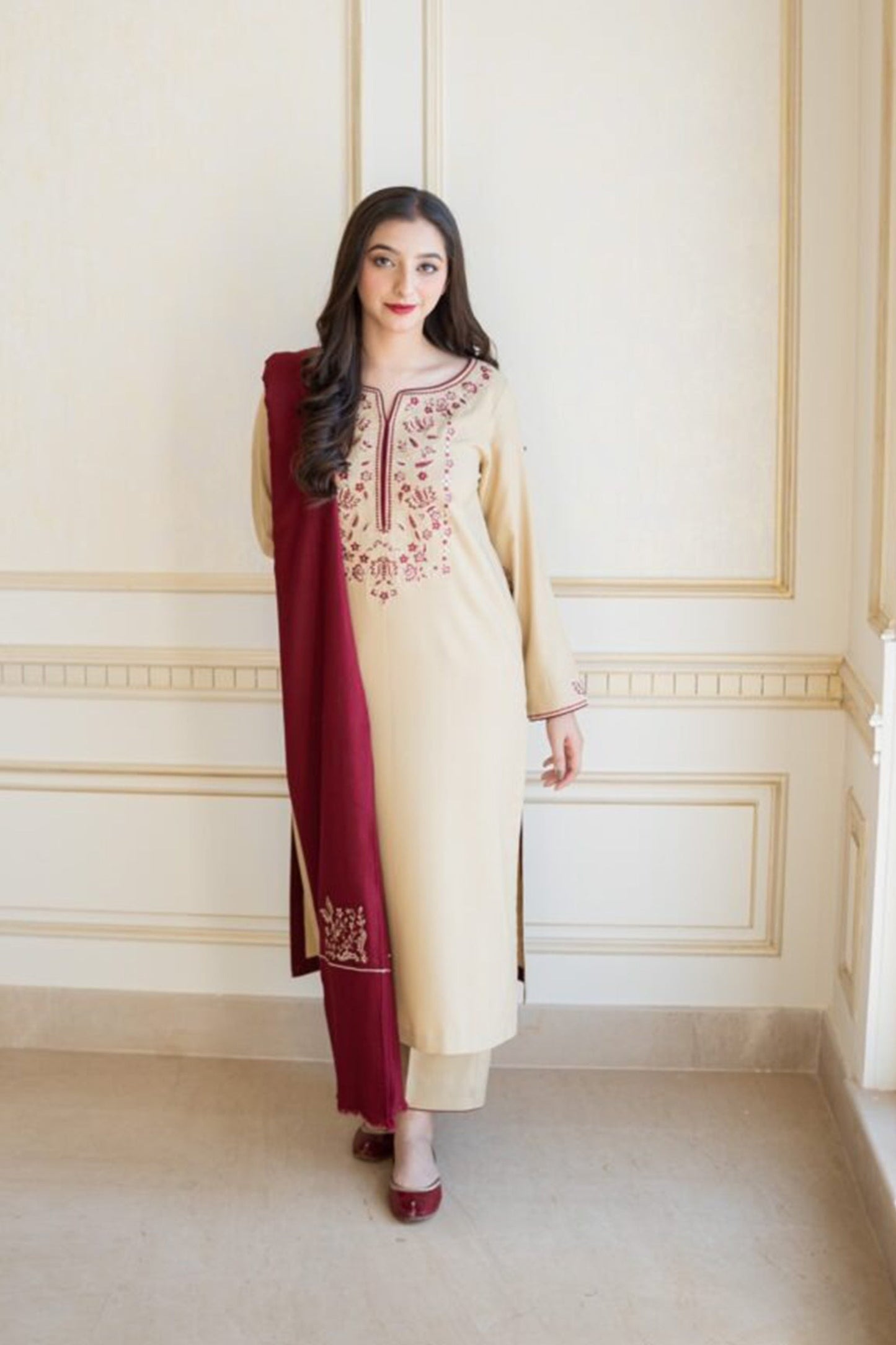 HL614-Winter 3PC Dhanak suit with Embroidered Shawll