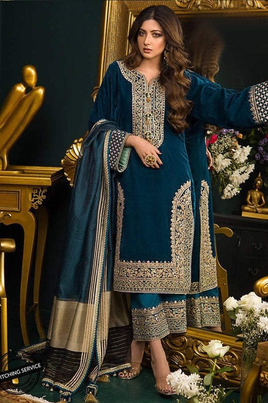 HL414-Winter Heavy Embroidered Velvet Dress with Silk Trouser