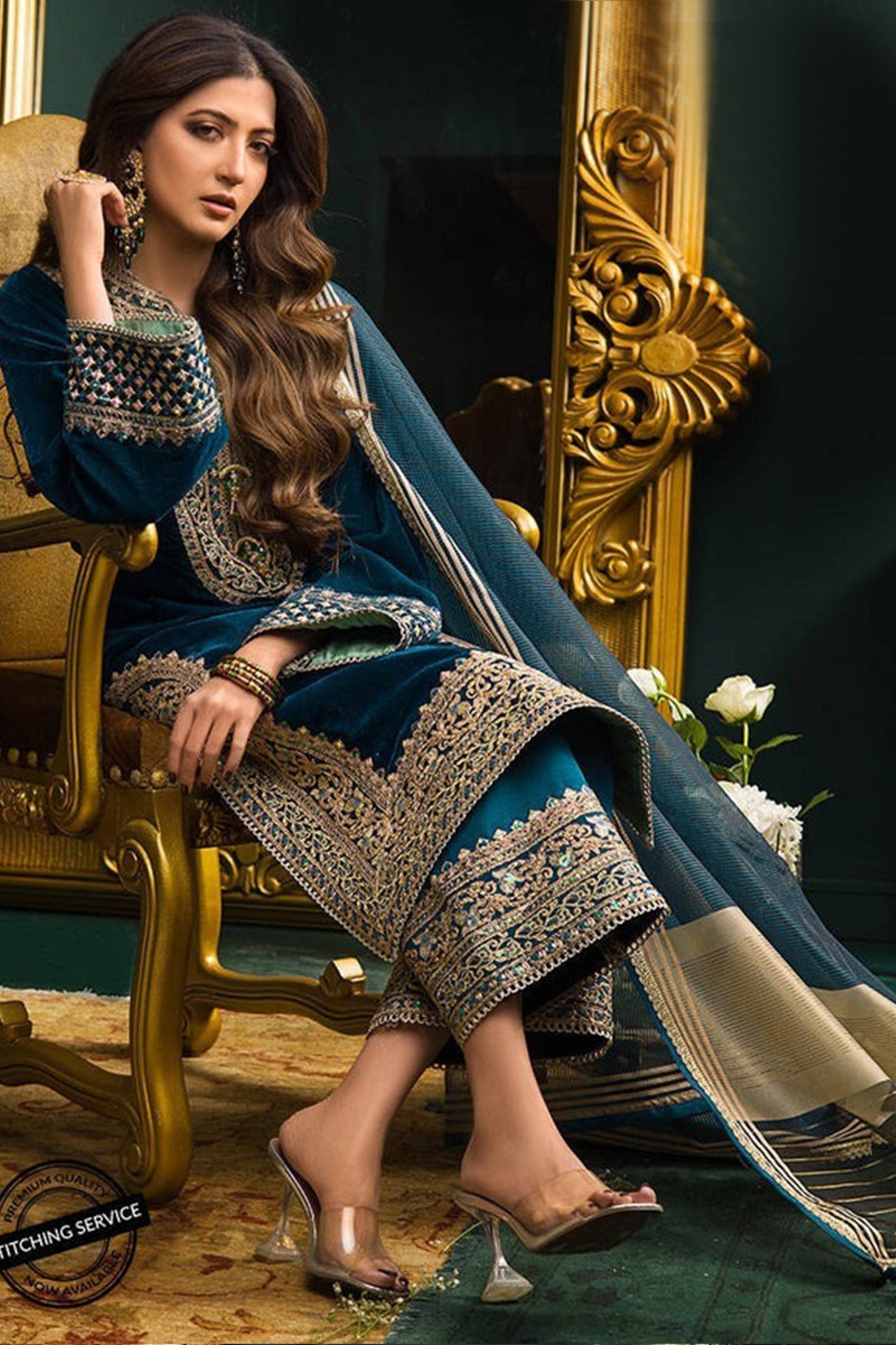 HL414-Winter Heavy Embroidered Velvet Dress with Silk Trouser