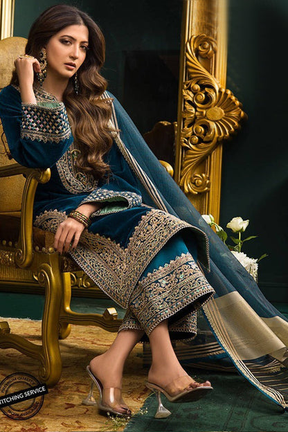 HL414-Winter Heavy Embroidered Velvet Dress with Silk Trouser