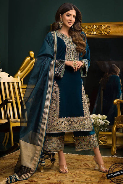 HL414-Winter Heavy Embroidered Velvet Dress with Silk Trouser