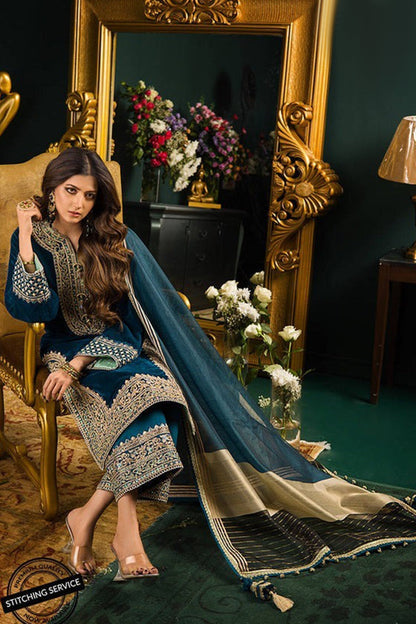 HL414-Winter Heavy Embroidered Velvet Dress with Silk Trouser