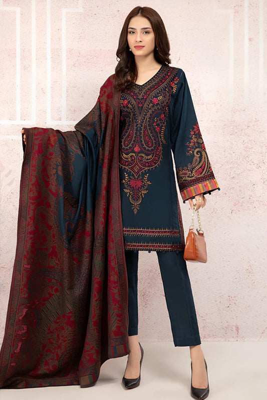 HL582-Winter 3PC Khaddar Embroidered Suit with Printed Wool Shawll