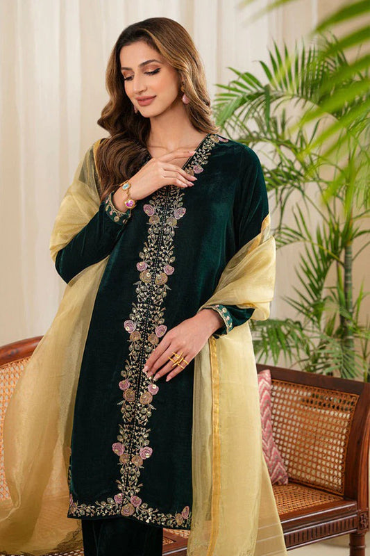 HL630-Winter Velvet Embroidered Dress With Organza Embroidered Dupatta