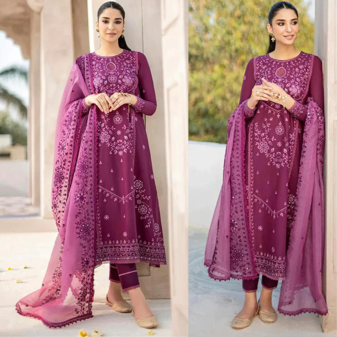 HL726-SUMMER 3PC Lawn Heavy Embroidered Shirt With Organza Embroidered Dupatta