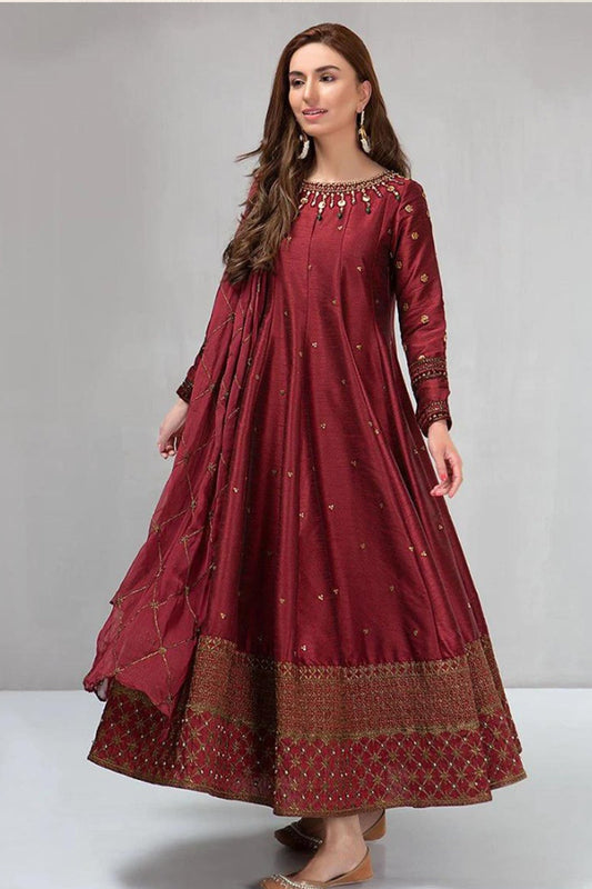 HL099-Maria B Winter, unstiched 3 piece kataan silk frock style embroidered suit