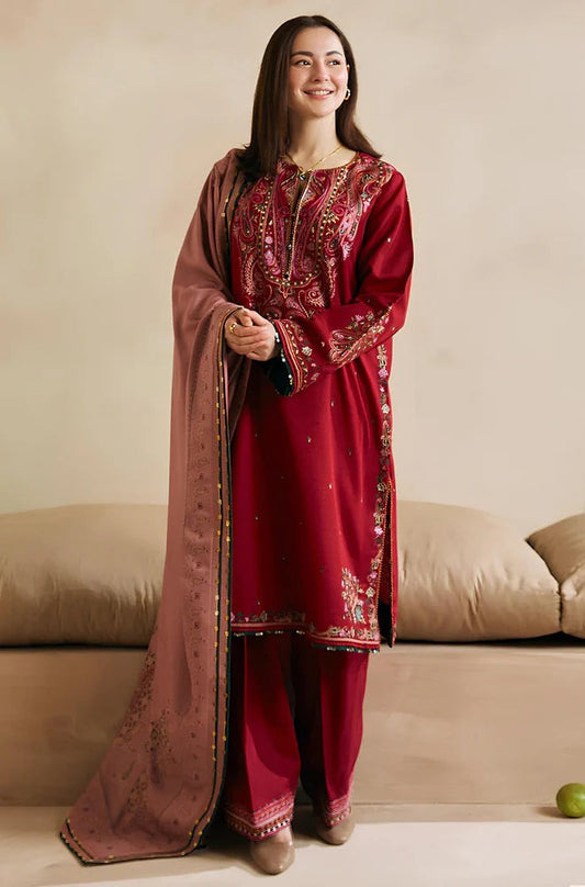 HL602-Winter 3-Pc Embroidered Dhanak Suit with Heavy Embroidered Dhanak Shawll