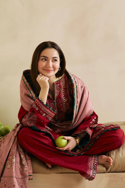 HL602-Winter 3-Pc Embroidered Dhanak Suit with Heavy Embroidered Dhanak Shawll